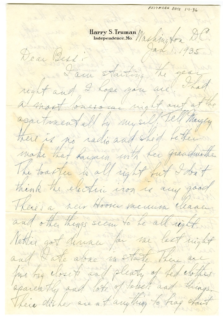 Letter from Harry S. Truman to Bess W. Truman