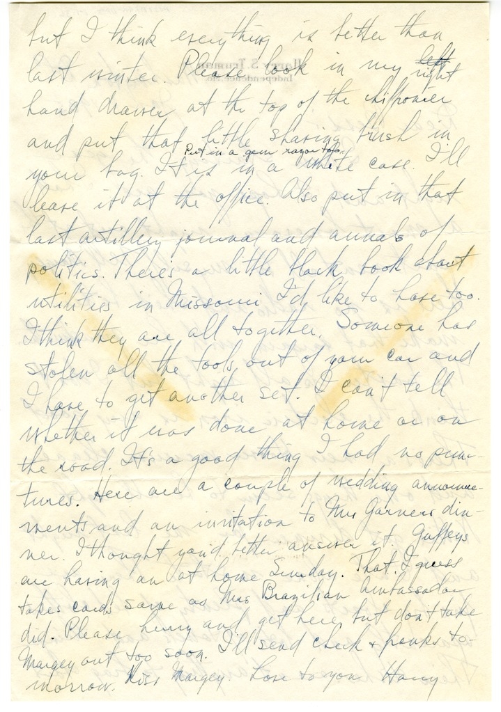 Letter from Harry S. Truman to Bess W. Truman