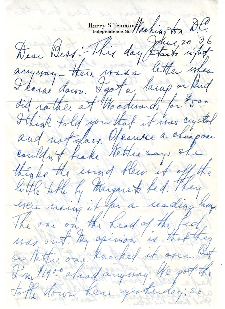 Letter from Harry S. Truman to Bess W. Truman