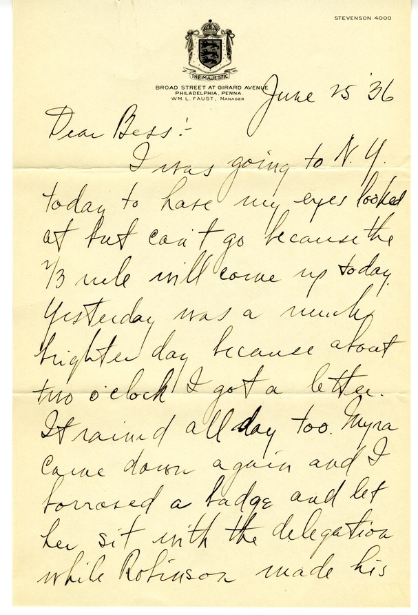 Letter from Harry S. Truman to Bess W. Truman