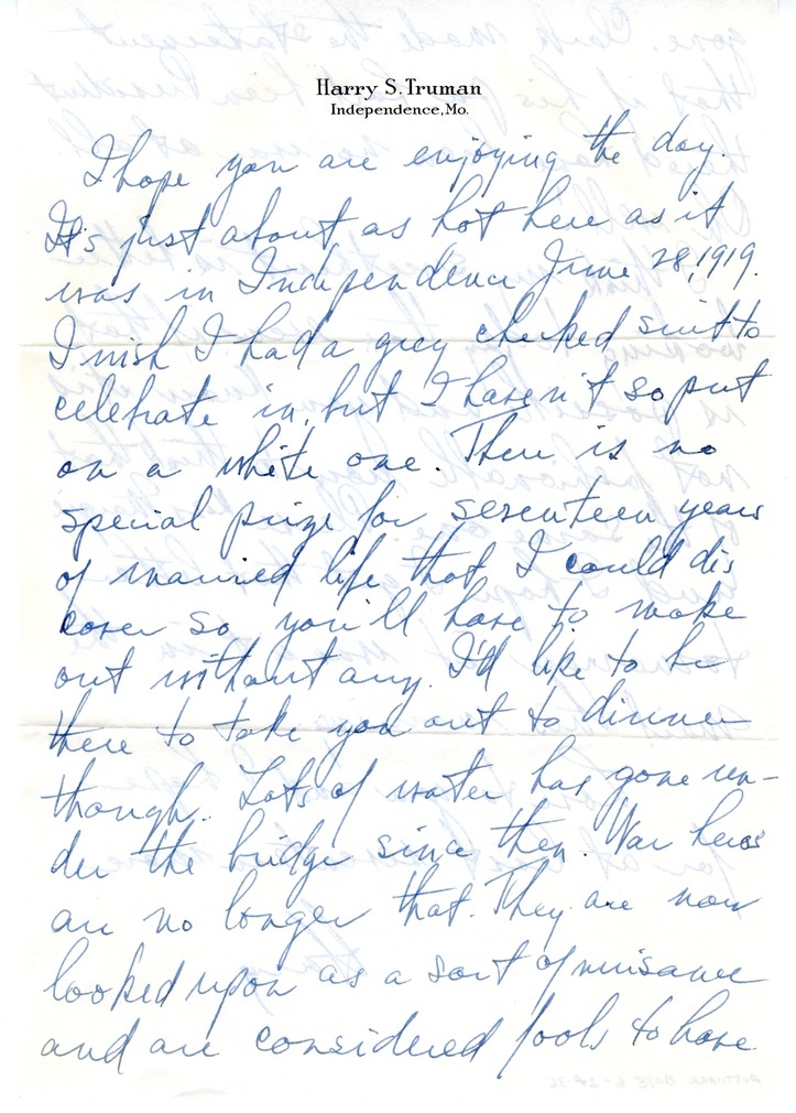 Letter from Harry S. Truman to Bess W. Truman