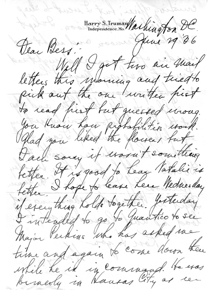 Letter from Harry S. Truman to Bess W. Truman