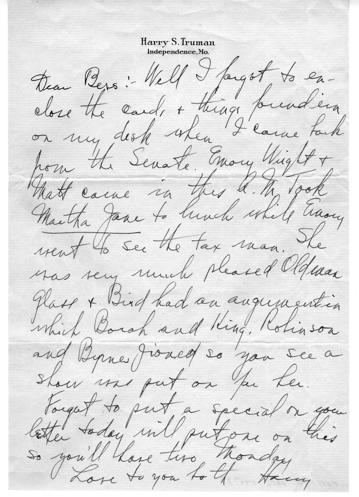 Letter from Harry S. Truman to Bess W. Truman