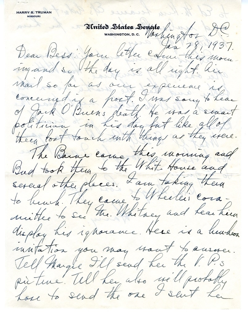 Letter from Harry S. Truman to Bess W. Truman
