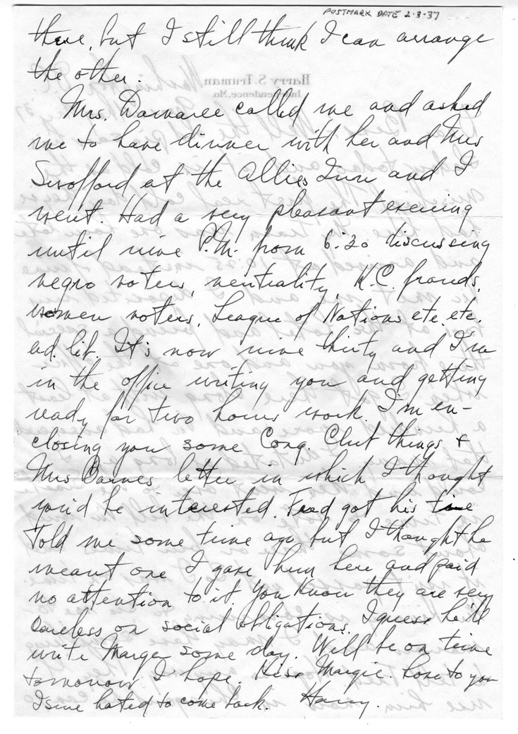 Letter from Harry S. Truman to Bess W. Truman