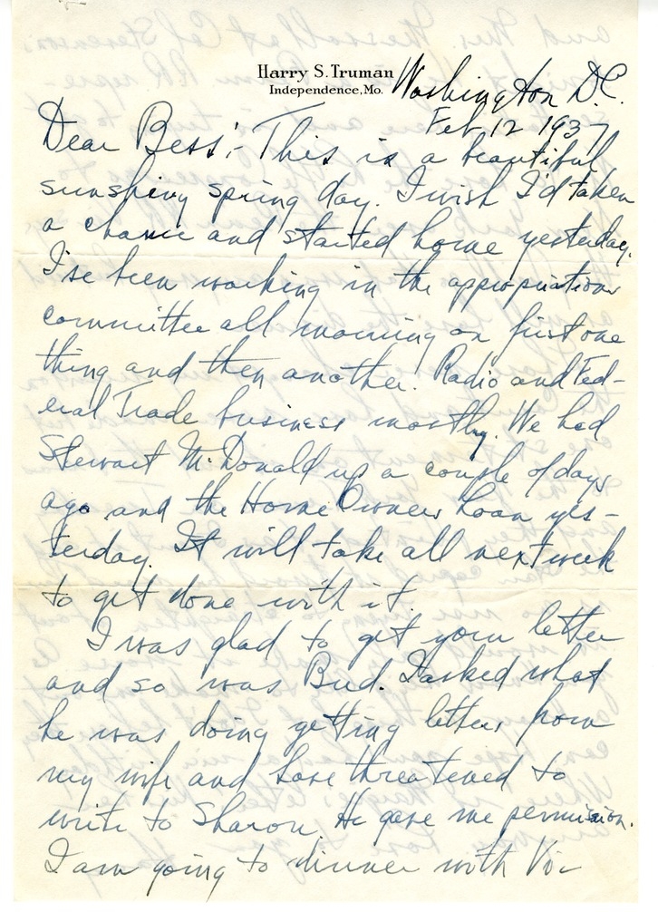 Letter from Harry S. Truman to Bess W. Truman