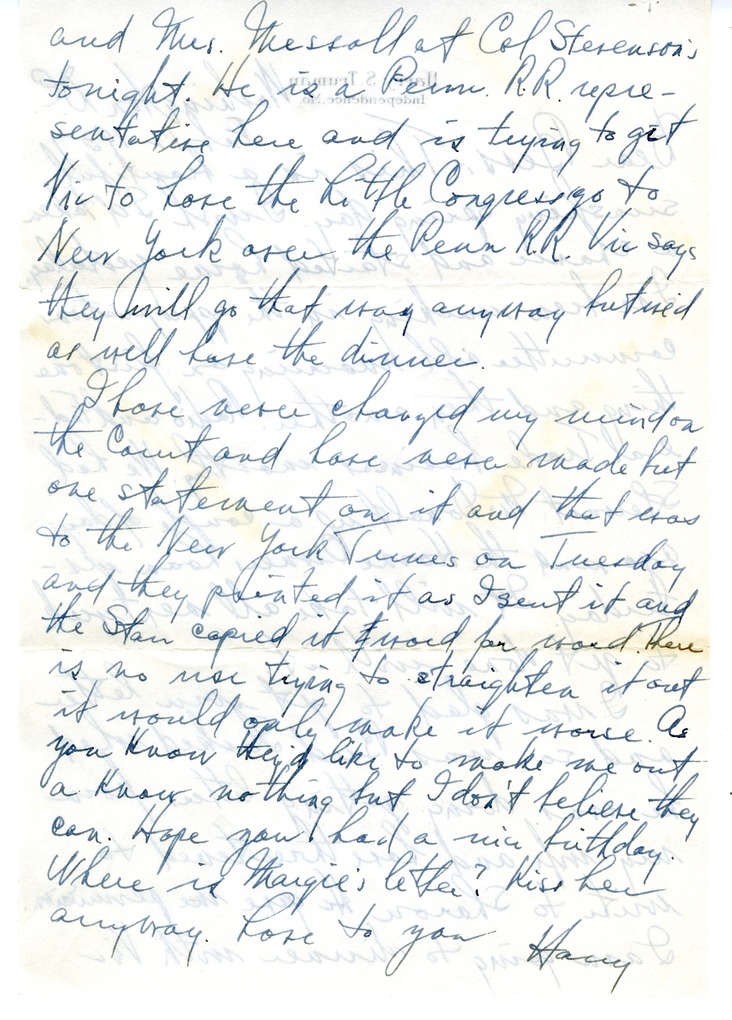 Letter from Harry S. Truman to Bess W. Truman