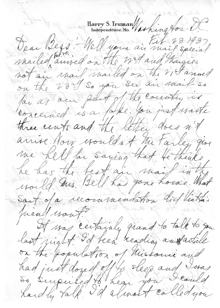 Letter from Harry S. Truman to Bess W. Truman