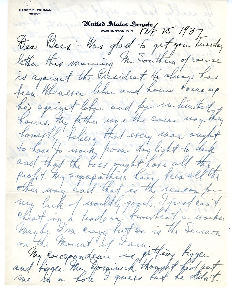 Letter from Harry S. Truman to Bess W. Truman