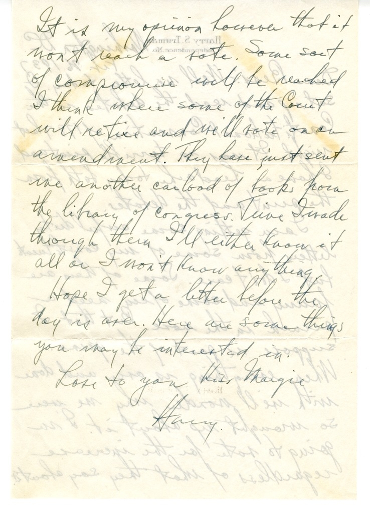 Letter from Harry S. Truman to Bess W. Truman