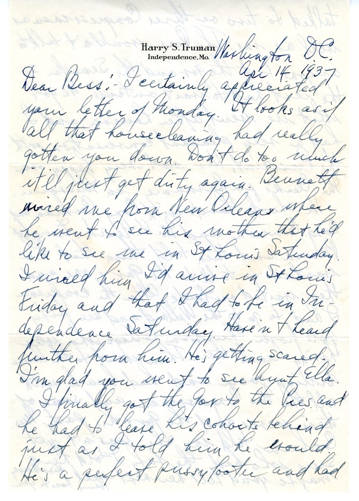 Letter from Harry S. Truman to Bess W. Truman