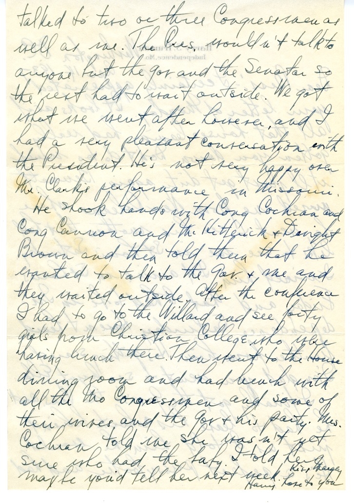 Letter from Harry S. Truman to Bess W. Truman