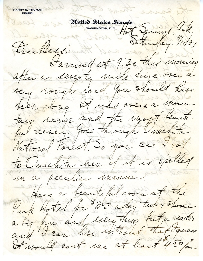 Letter from Harry S. Truman to Bess W. Truman