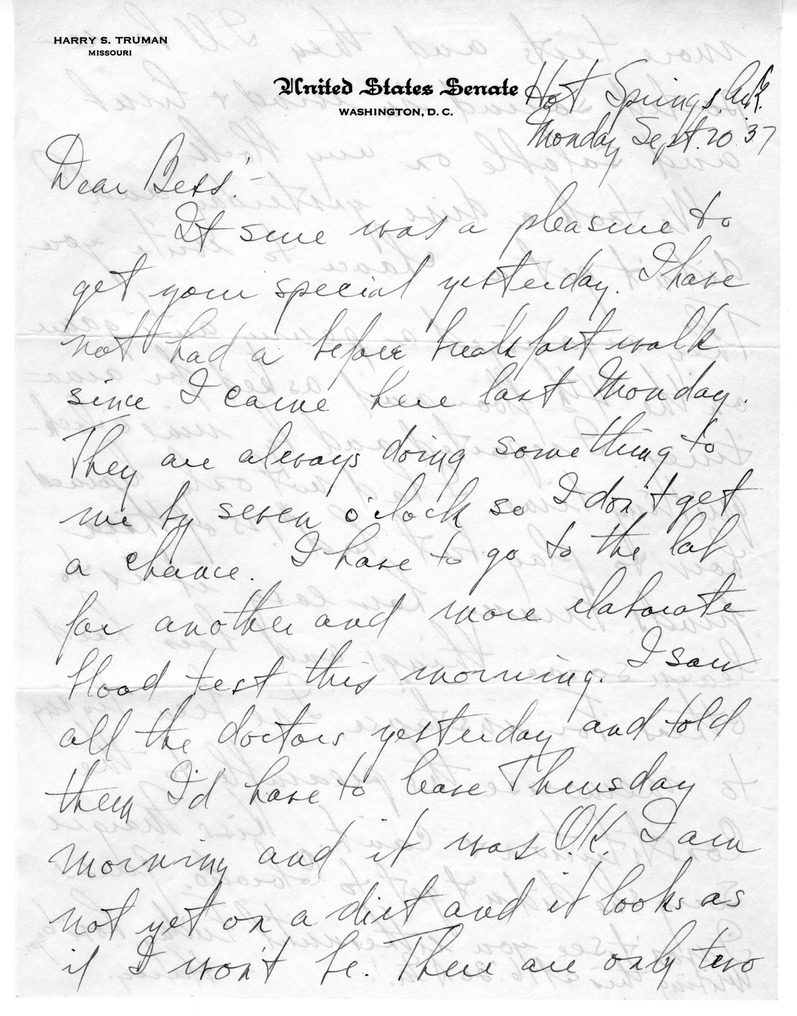 Letter from Harry S. Truman to Bess W. Truman