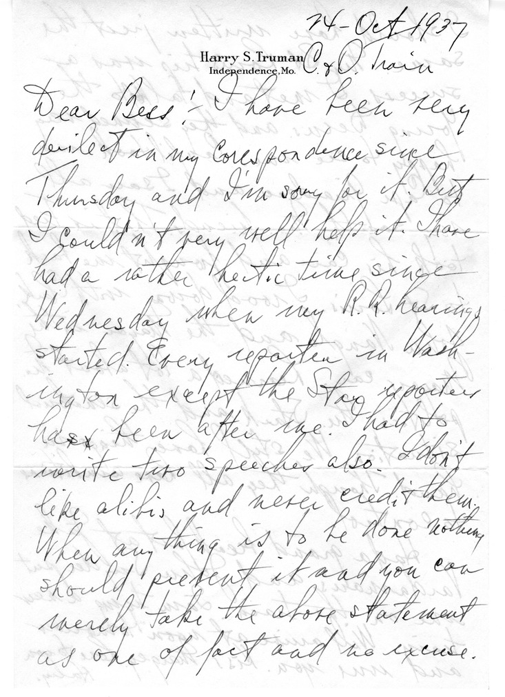 Letter from Harry S. Truman to Bess W. Truman