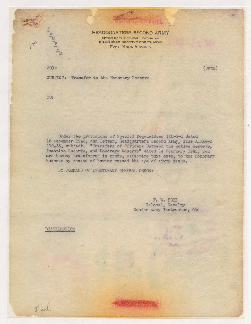 Disposition Form from Major General Edward F. Witsell with Attached Correspondence from Colonel F. W. Boye