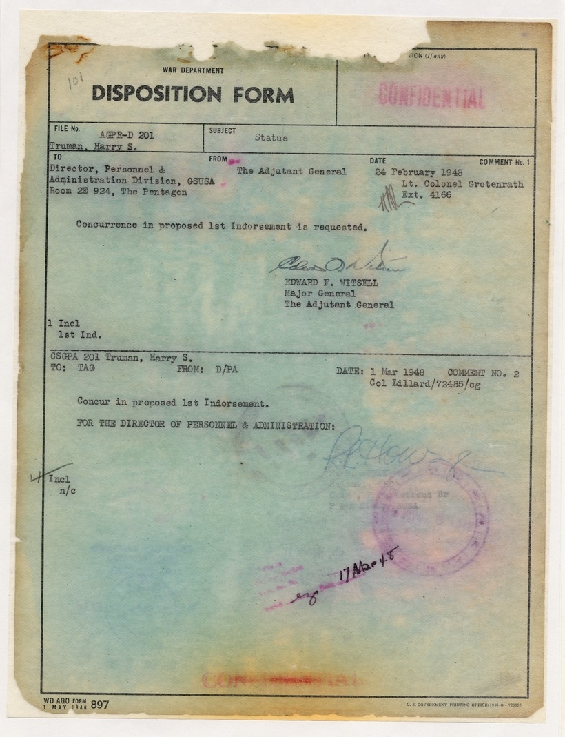 Disposition Form from Major General Edward F. Witsell to Director, Personnel & Administration Division with Related Material