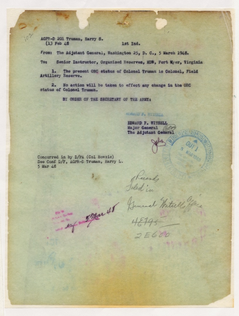 Disposition Form from Major General Edward F. Witsell to Director, Personnel & Administration Division with Related Material