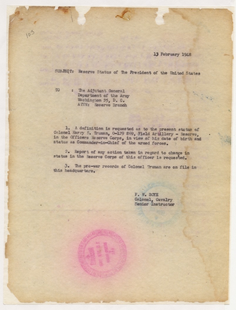 Memorandum from Colonel F. W. Boye to the Adjutant General