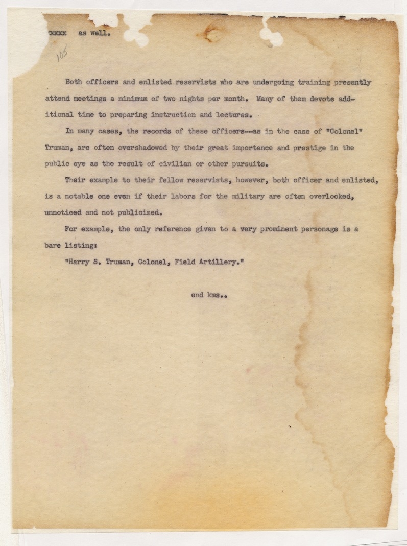 Draft Article Profile of "Harry S. Truman, Colonel, Field Artillery," Author Unknown