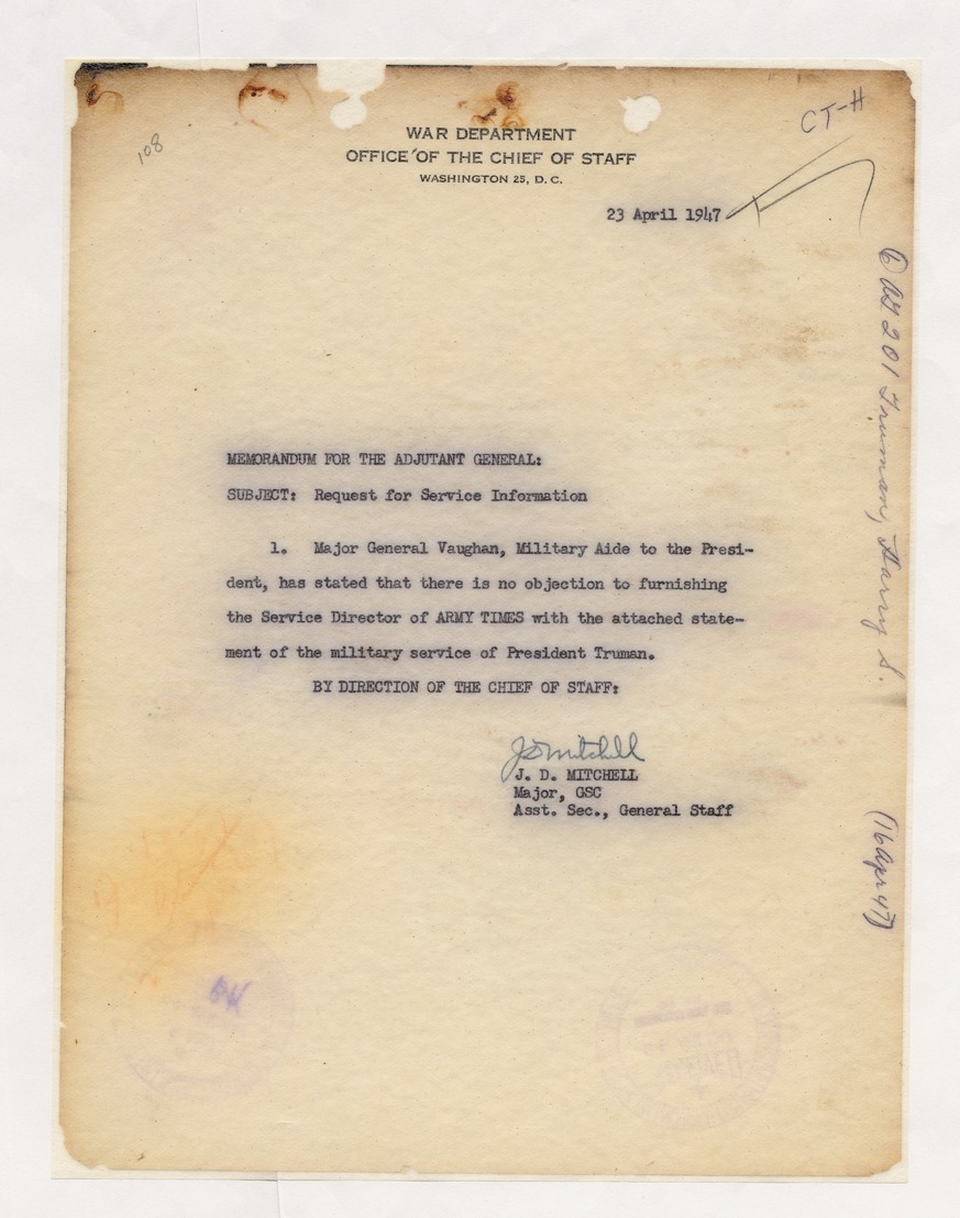 Memorandum from Major J. D. Mitchell to The Adjutant General