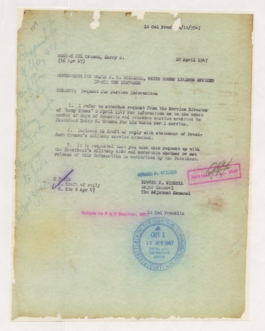 Memorandum from Major General Edward F. Witsell to Major J. D. Mitchell