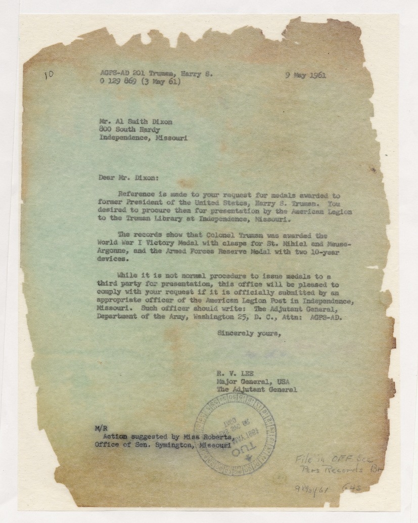 Letter from Major General R. V. Lee to Mr. Al Smith Dixon