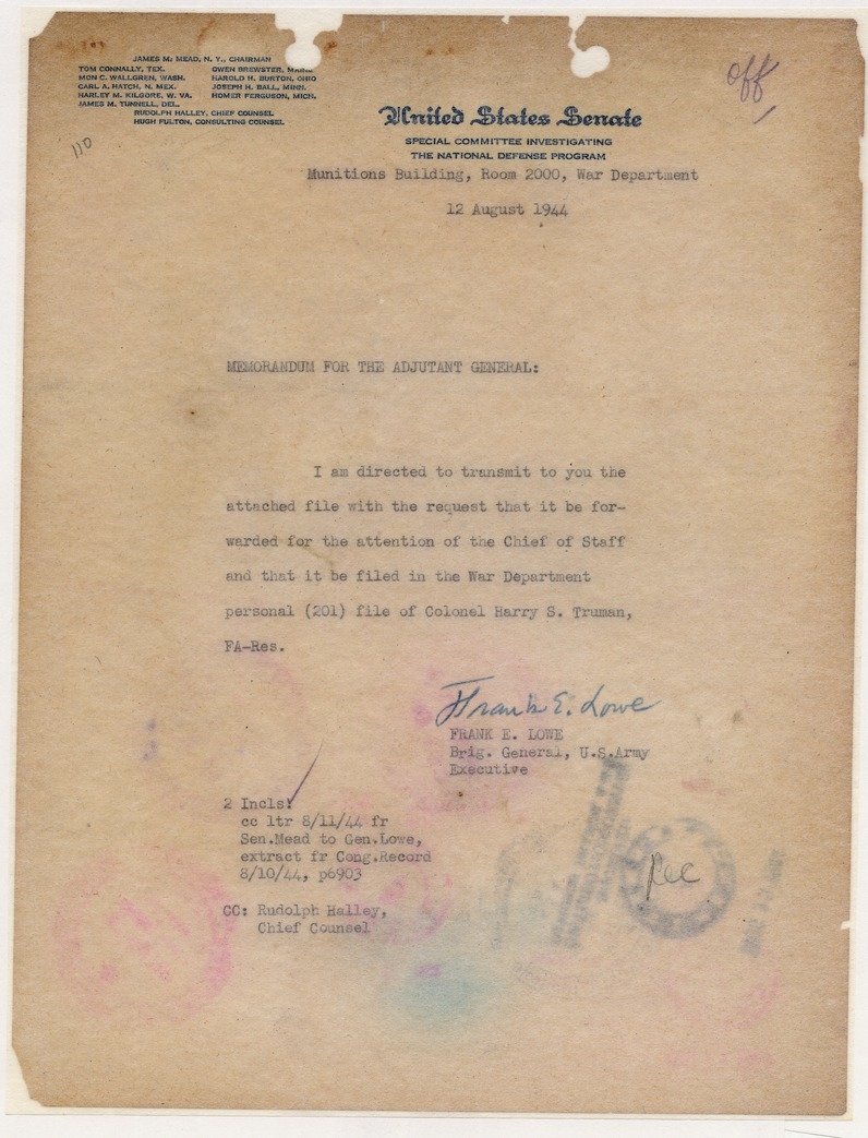 Memorandum from Brigadier General Frank E. Lowe to the Adjutant General