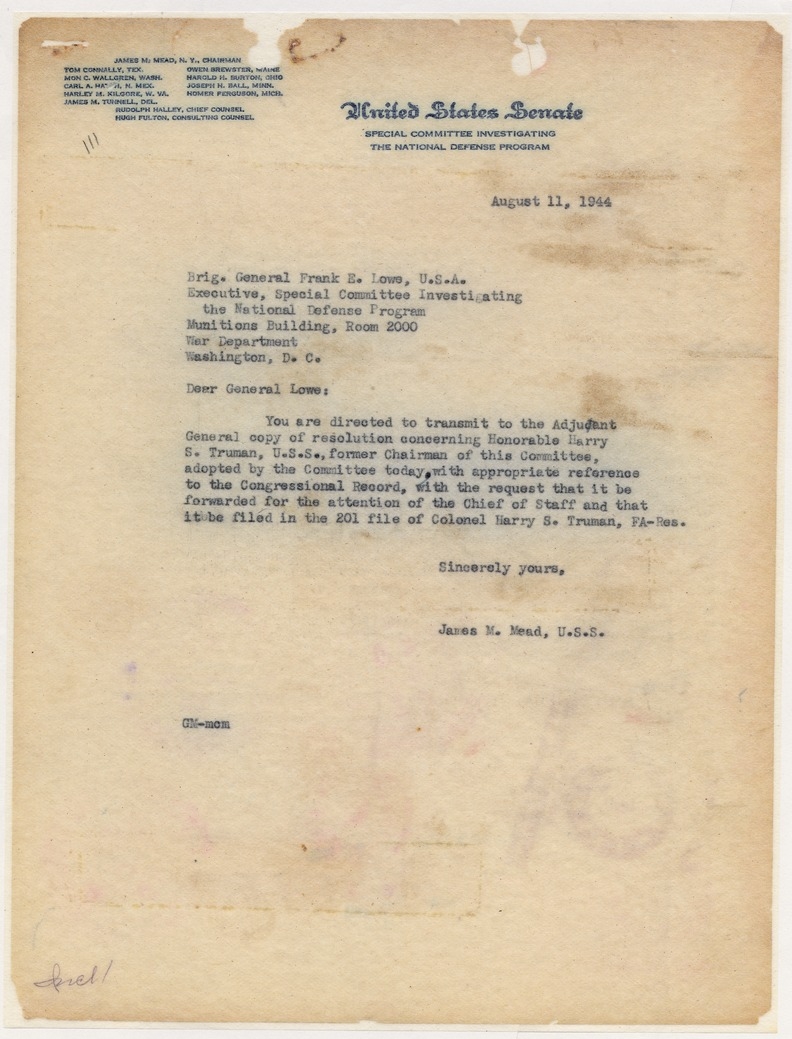 Letter from Senator James M. Mead to Brigadier General Frank E. Lowe