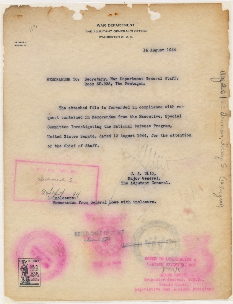 Memorandum from Major General J. A. Ulio to Secretary, War Department General Staff
