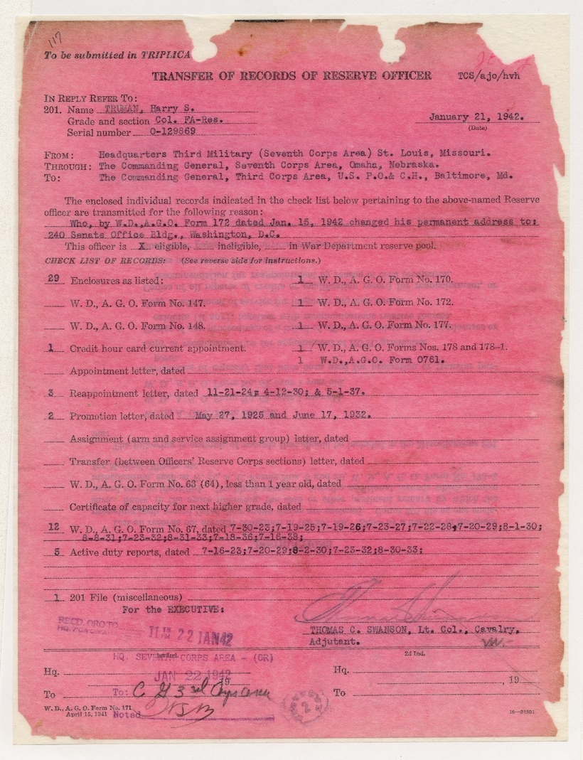 Transfer of Records of Reserve Officer for Senator Harry S. Truman