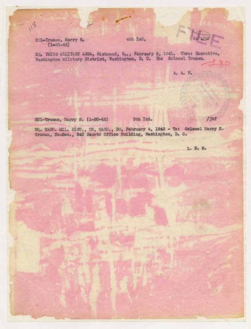 Memorandum from Adjutant General Fred J. Martineau to Colonel Harry S. Truman with Related Material