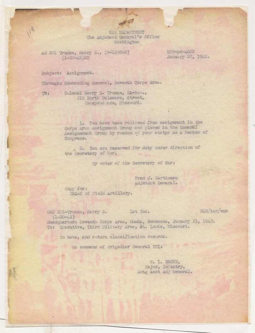 Memorandum from Adjutant General Fred J. Martineau to Colonel Harry S. Truman with Related Material