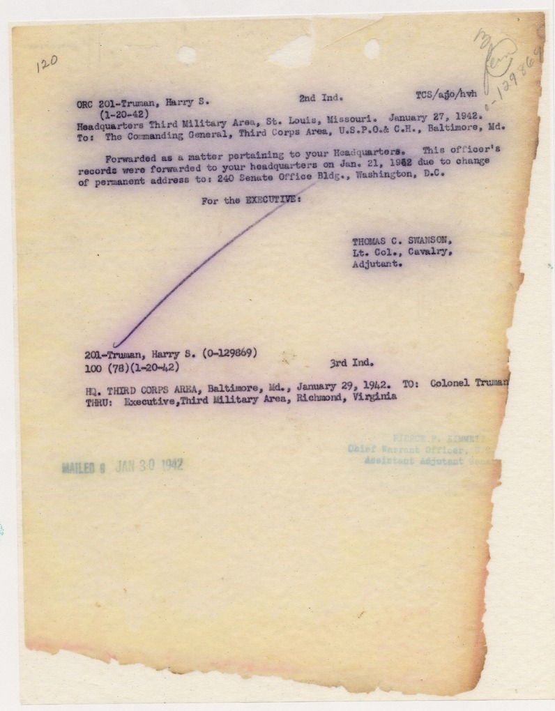 Memorandum from Adjutant General Fred J. Martineau to Colonel Harry S. Truman with Related Material