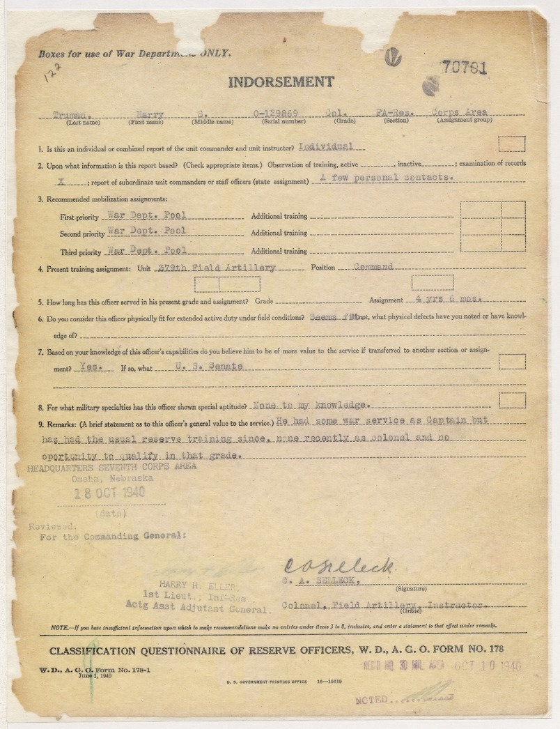 Classification Questionnaire of Reserve Officers Indorsement for Harry S. Truman