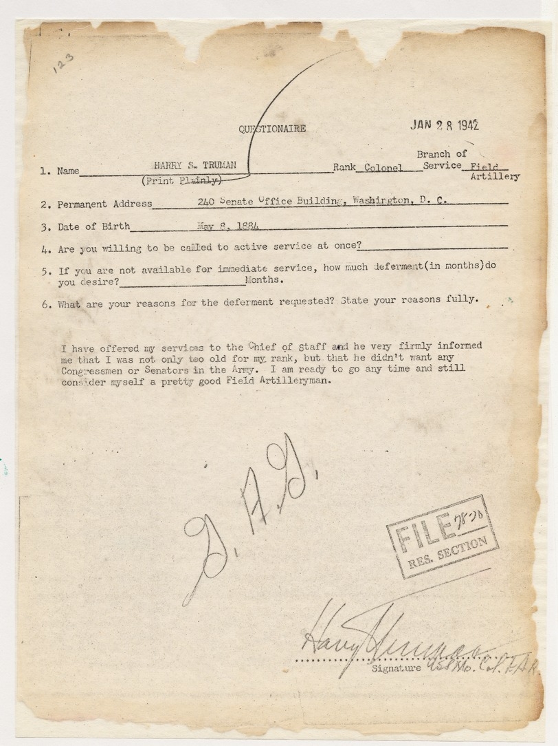 Questionnaire for Harry S. Truman