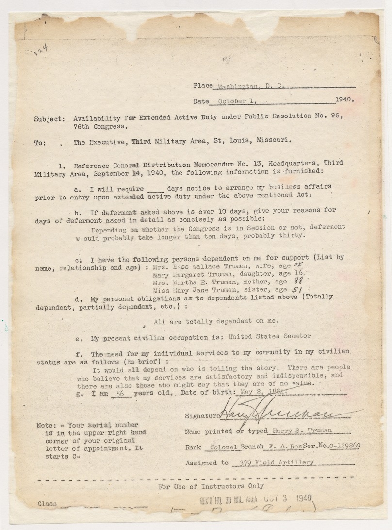 Memorandum, Availability for Extended Active Duty for Senator Harry S. Truman