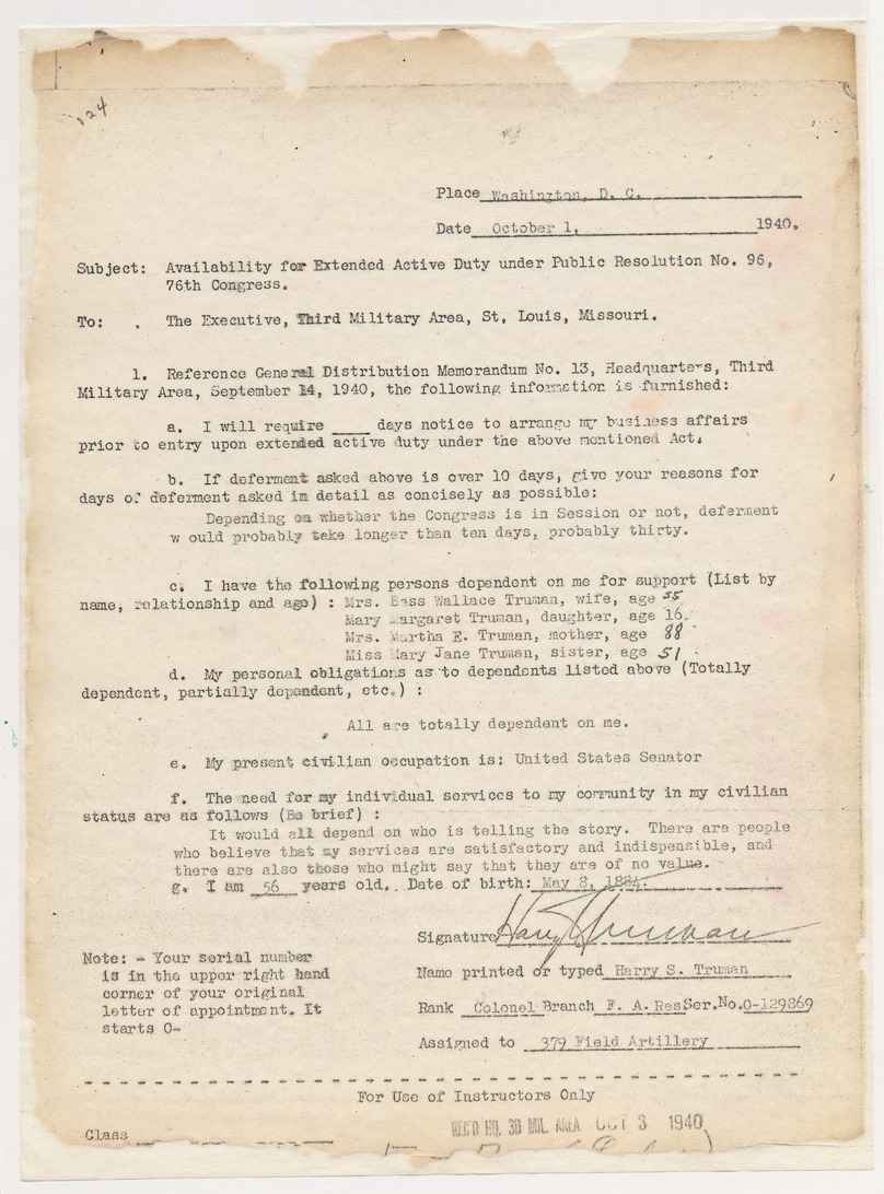 Memorandum, Availability for Extended Active Duty for Senator Harry S. Truman