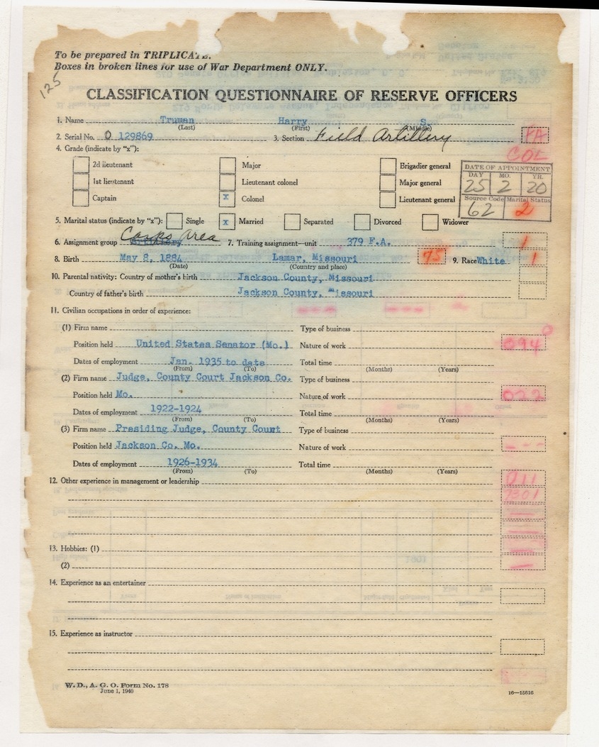 Classification Questionnaire of Reserve Officers for Senator Harry S. Truman