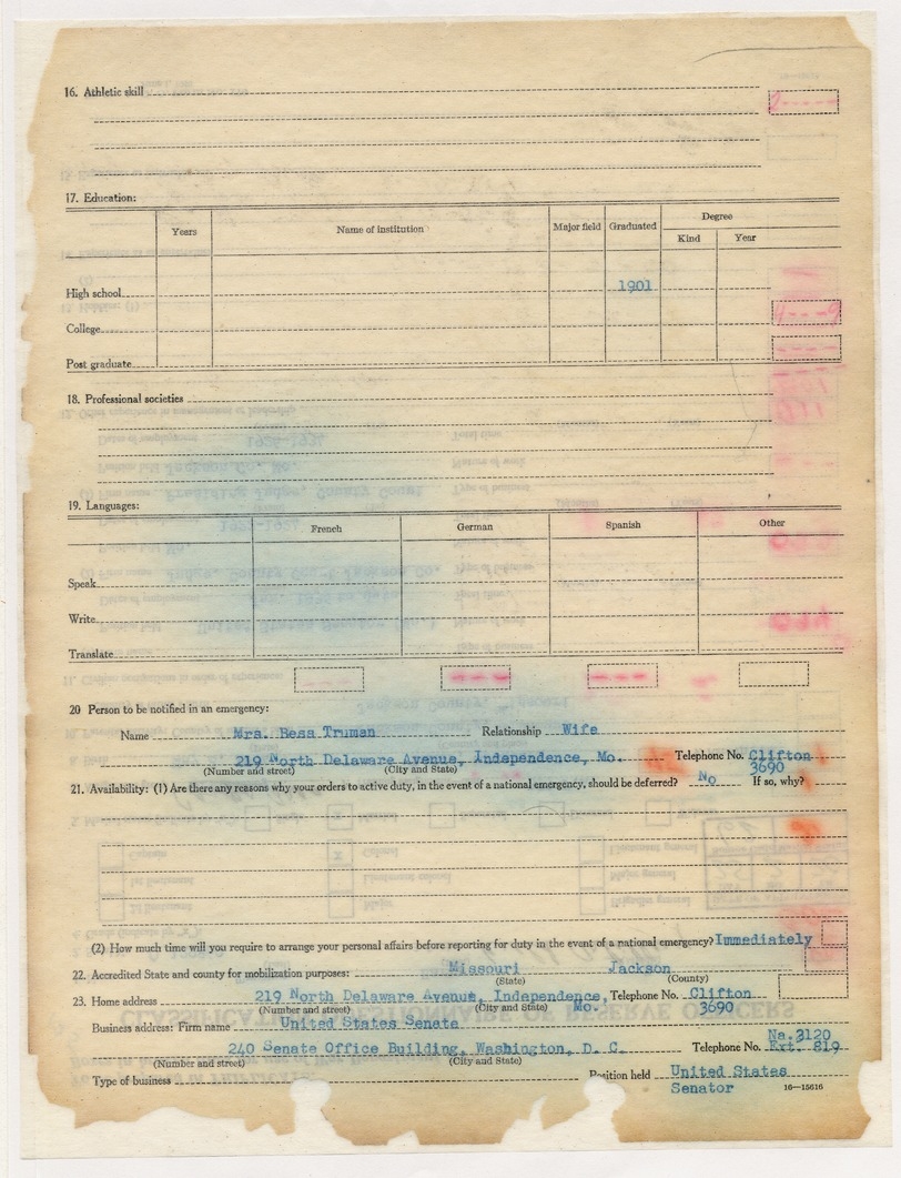 Classification Questionnaire of Reserve Officers for Senator Harry S. Truman