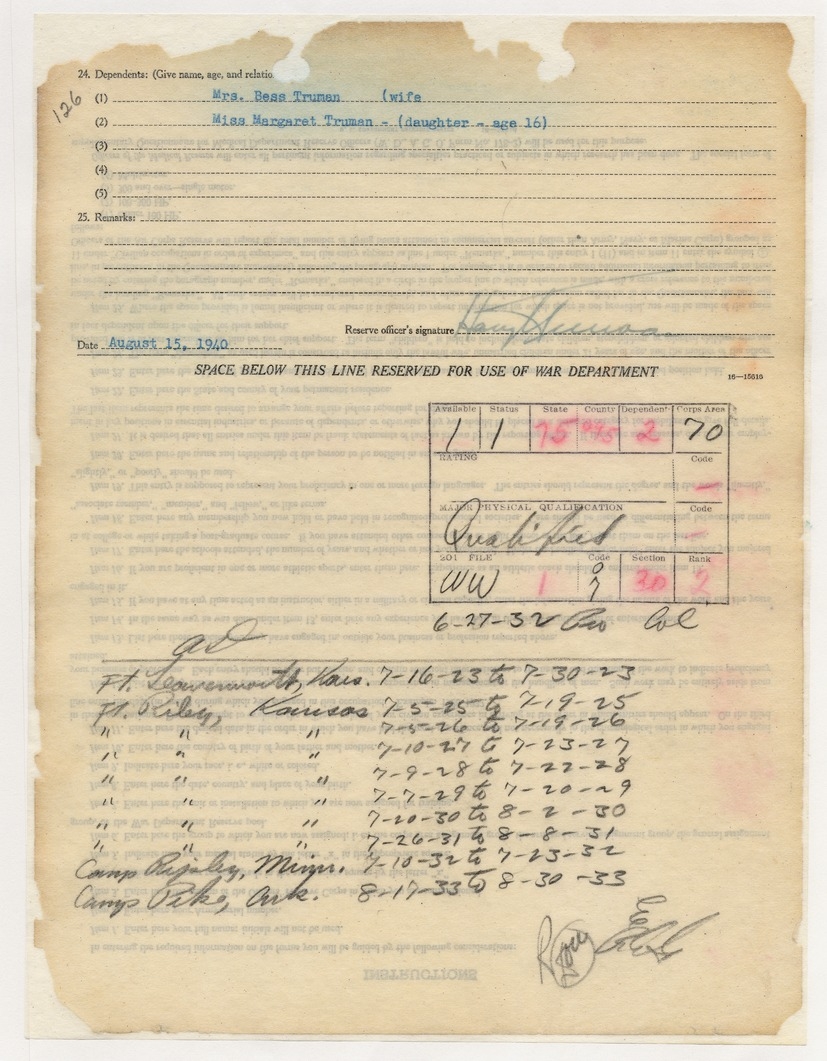 Classification Questionnaire of Reserve Officers (pages 3-4) for Senator Harry S. Truman