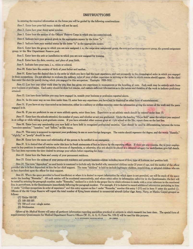 Classification Questionnaire of Reserve Officers (pages 3-4) for Senator Harry S. Truman