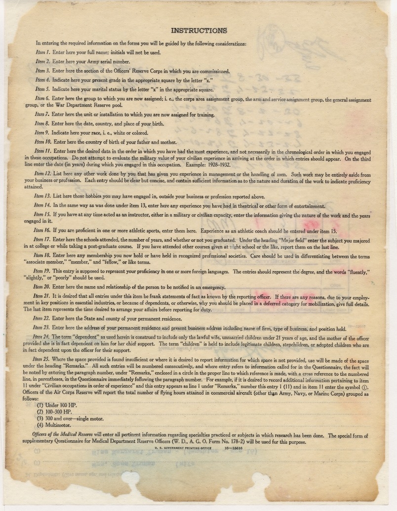 Classification Questionnaire of Reserve Officers (pages 3-4) for Senator Harry S. Truman