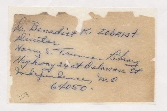 Handwritten Address for the Director of Truman Library