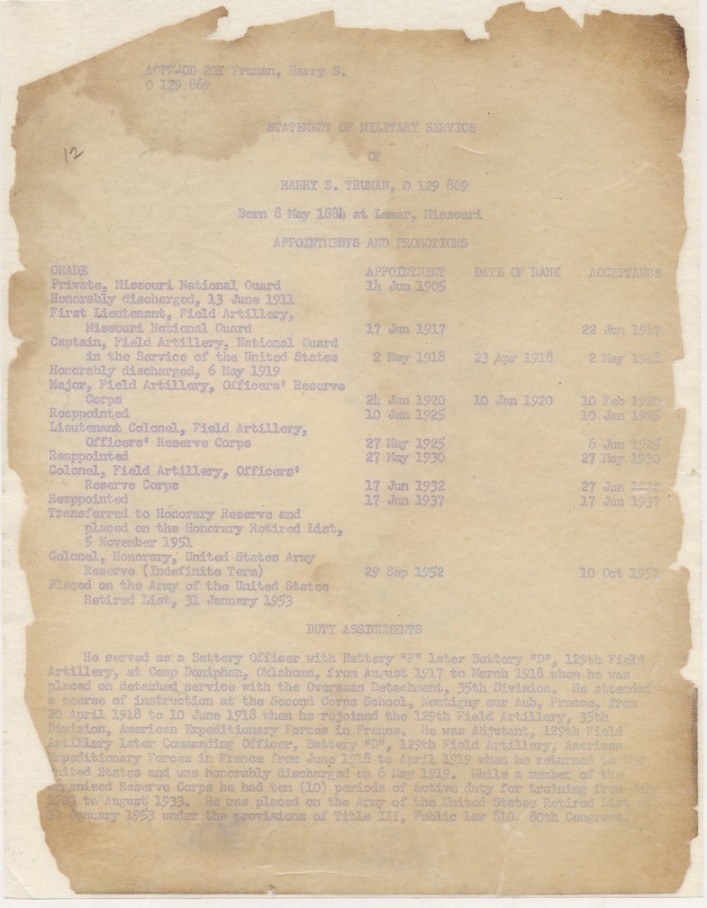 Statement of Military Service of Harry S. Truman
