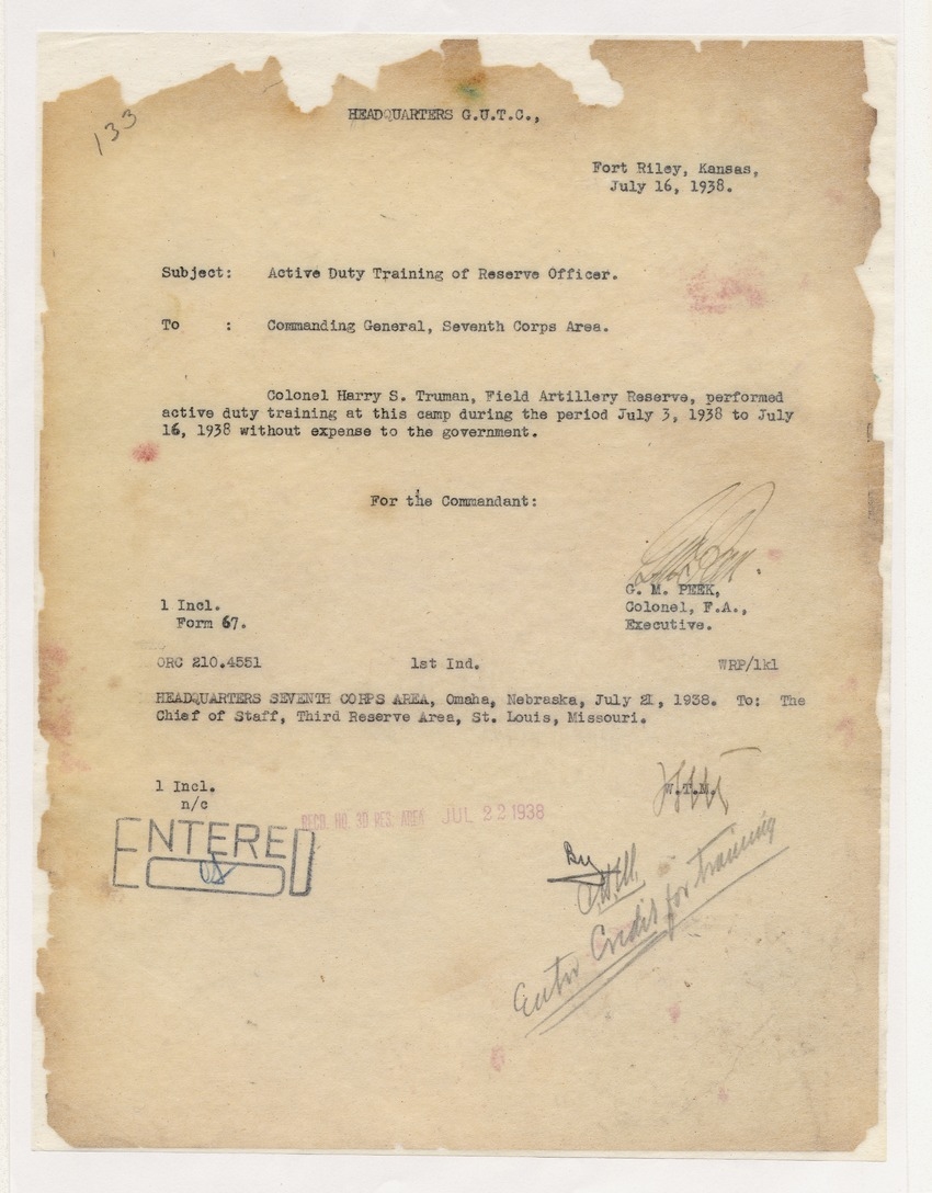Memorandum from Colonel G. M. Peek to Commanding General, Seventh Corps Area