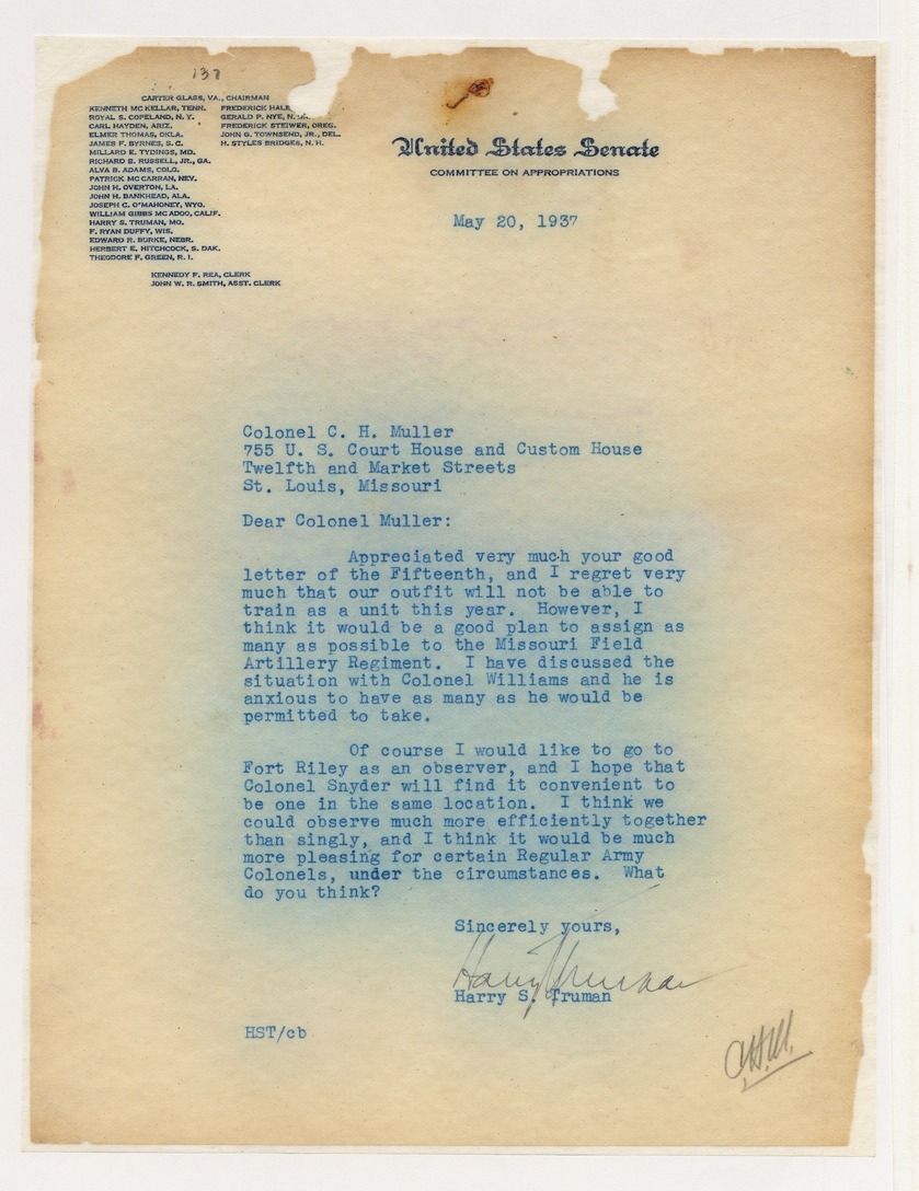 Letter from Senator Harry S. Truman to Colonel C. H. Muller
