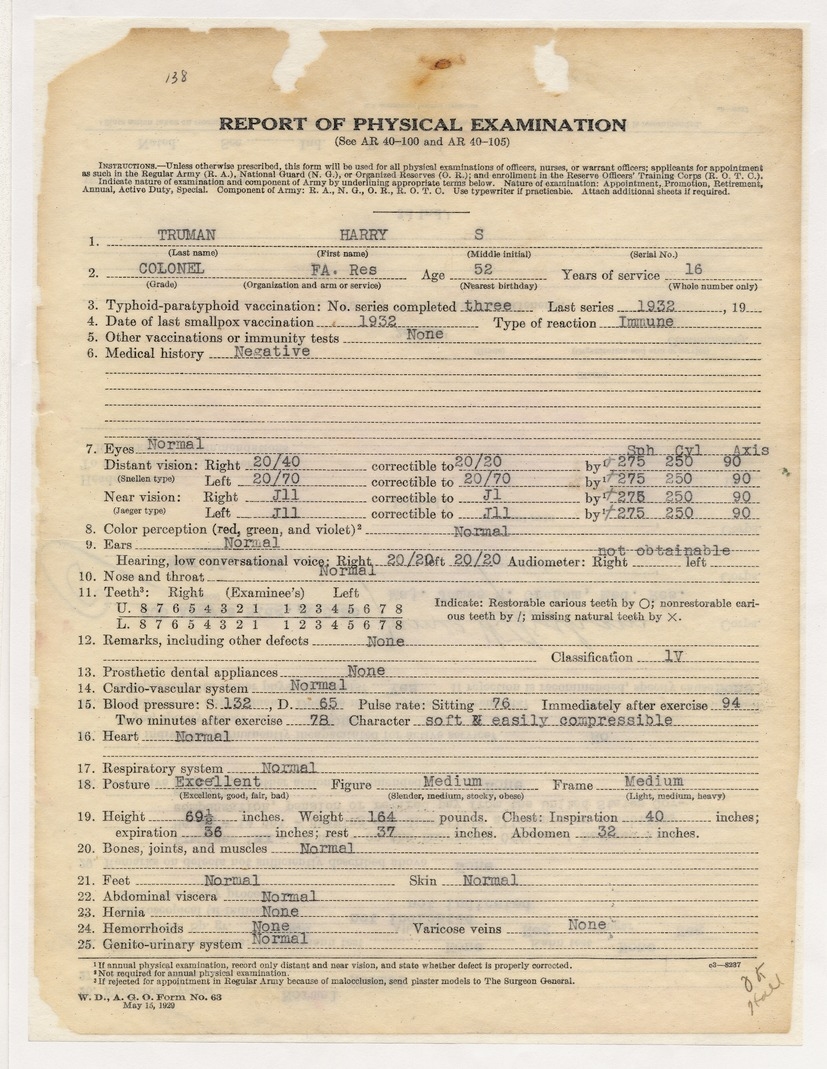 Report of Physical Examination for Colonel Harry S. Truman