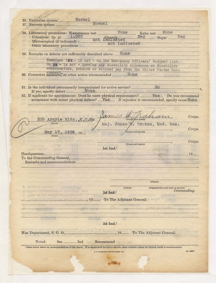 Report of Physical Examination for Colonel Harry S. Truman