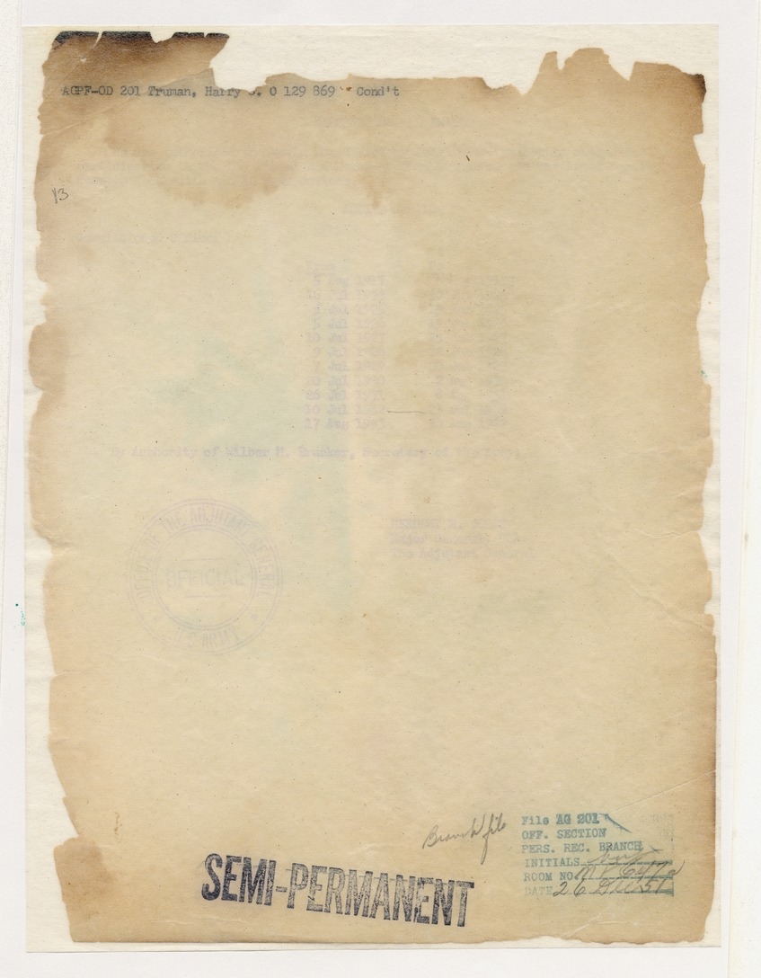 Cover Page for Continuation of Military Personnel File of Harry S. Truman